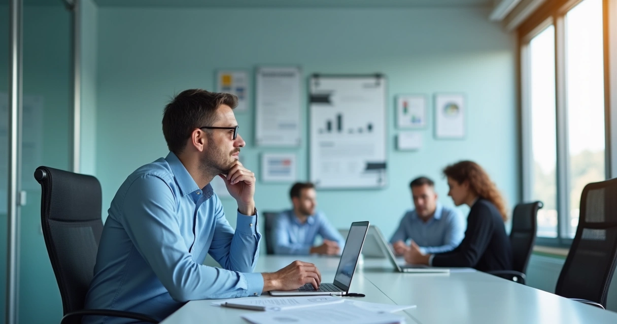 Líder reflexionando antes de tomar una decisión en la oficina 
