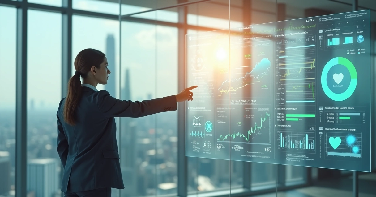 Líder de negocios señalando un tablero digital que equilibra métricas financieras y valores éticos 