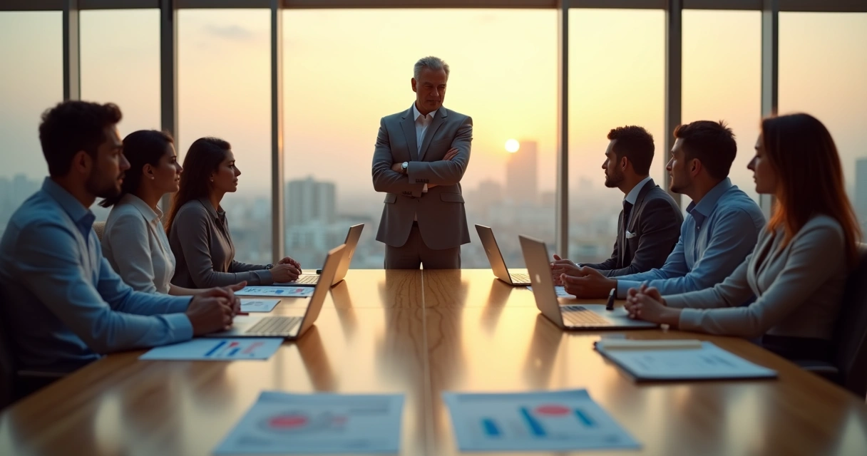 Gestor refletindo diante da equipe em mesa de reunião sobre dilema ético 