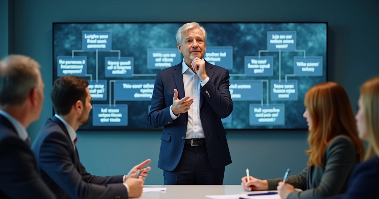 Líder reunido com equipe, discutindo ética em decisões com uso de tela digital 