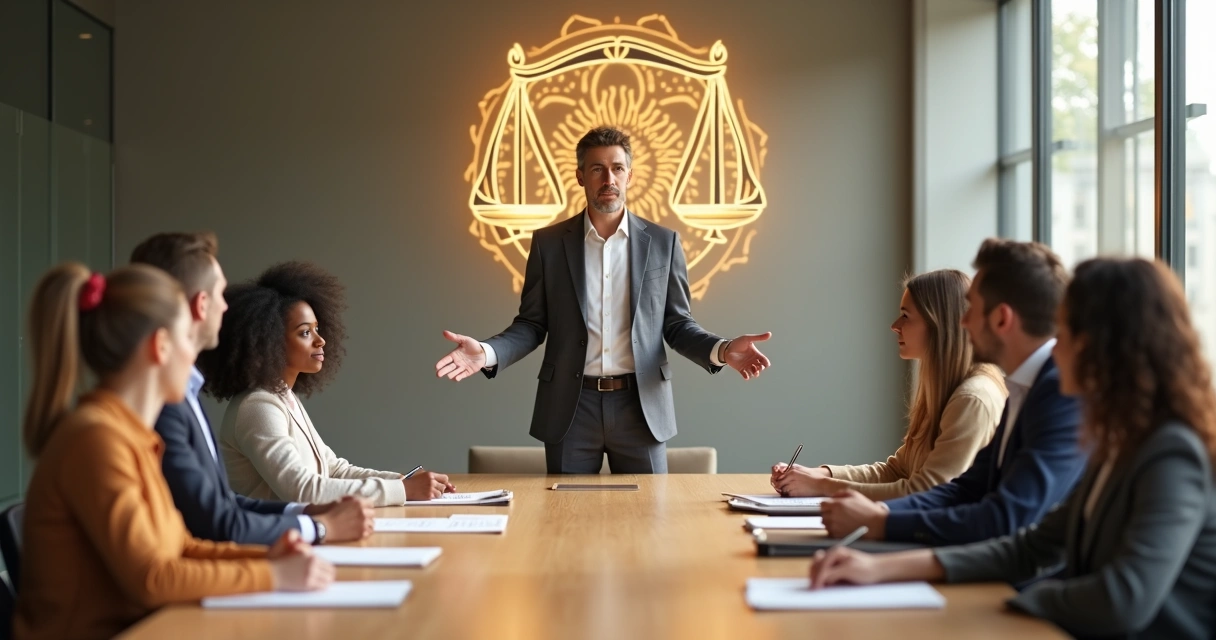 Líder reflexivo frente a equipo con balanza de justicia brillante al fondo 