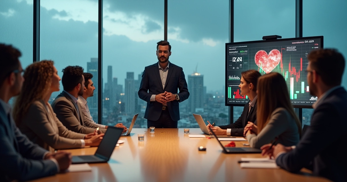 Líder rodeado de equipo diverso en reunión estratégica durante una crisis 