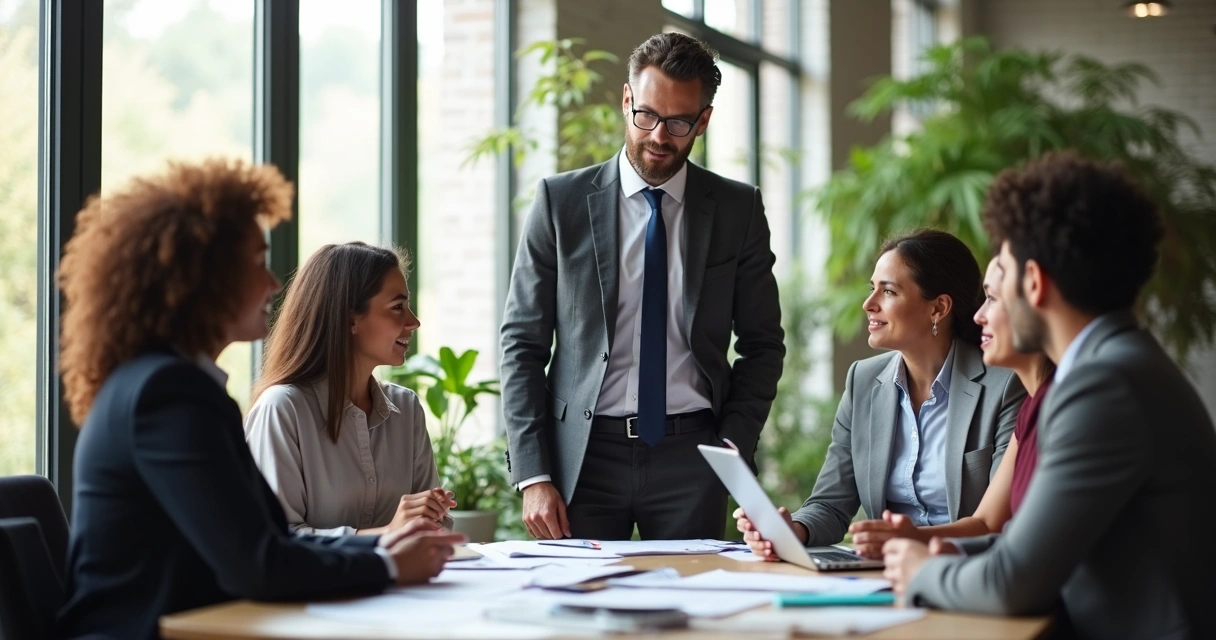 Líder guiando a equipo en ambiente profesional moderno 