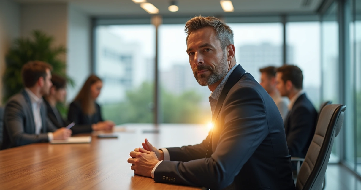 Líder em mesa de reunião com luz em forma de círculo no peito simbolizando ética interna 