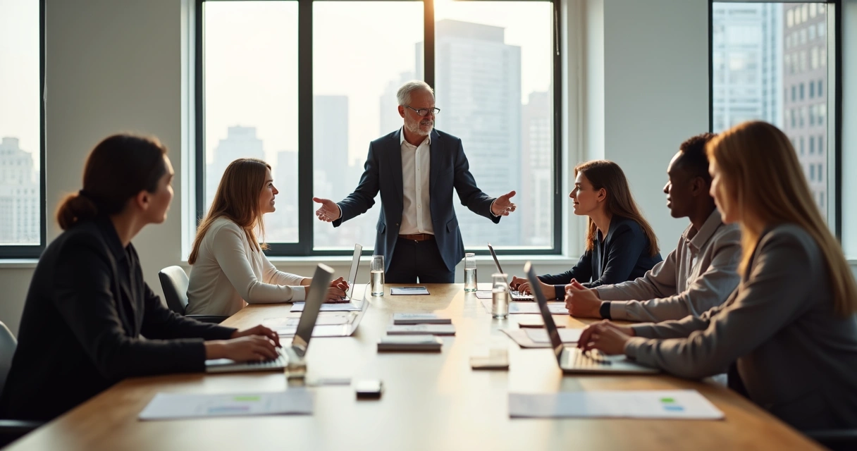 Líder em reunião guiando equipe ao redor de mesa de trabalho 