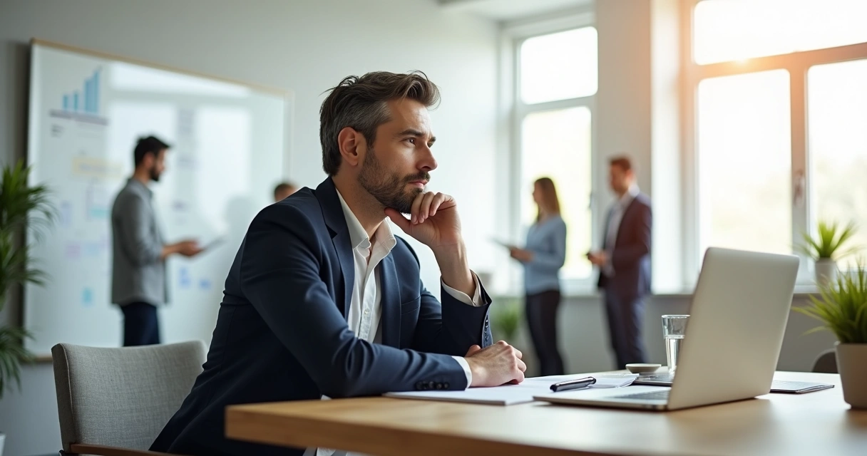 Líder sentado em mesa de escritório refletindo com postura confiante e calma 