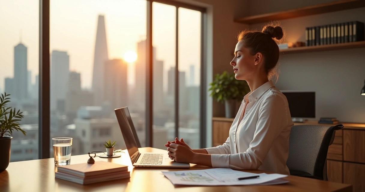 Líder sentado em escritório sereno equilibrando trabalho e autocuidado 