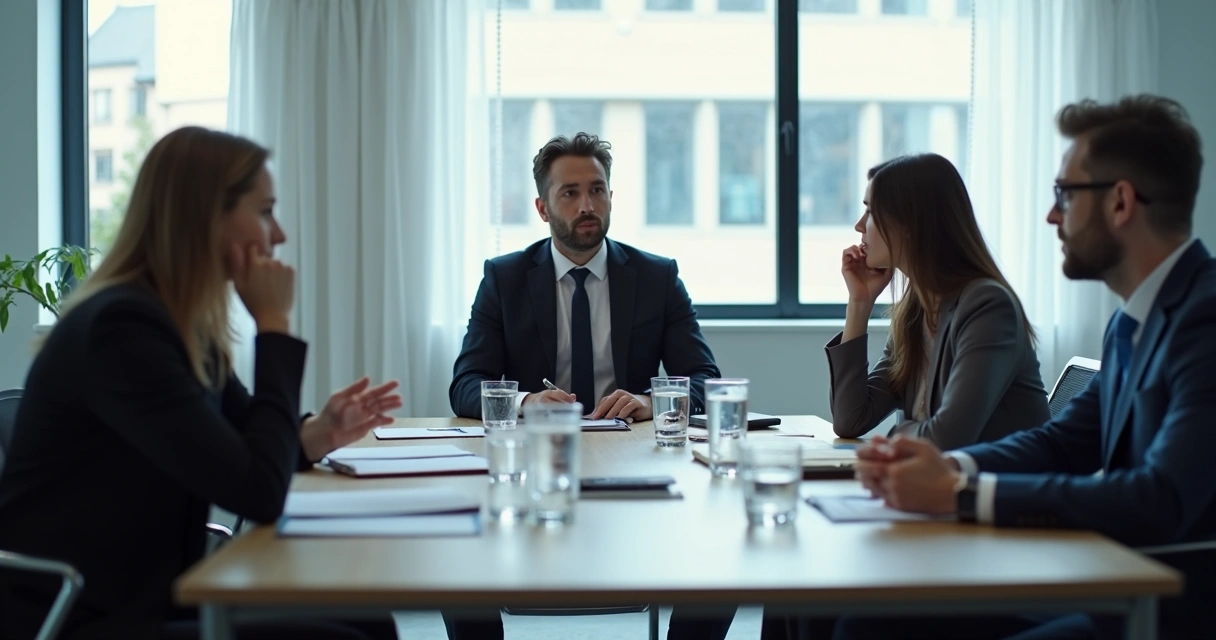 Líder sentado em sala de reunião, olhando para baixo, enquanto colegas ao redor trocam olhares tensos 