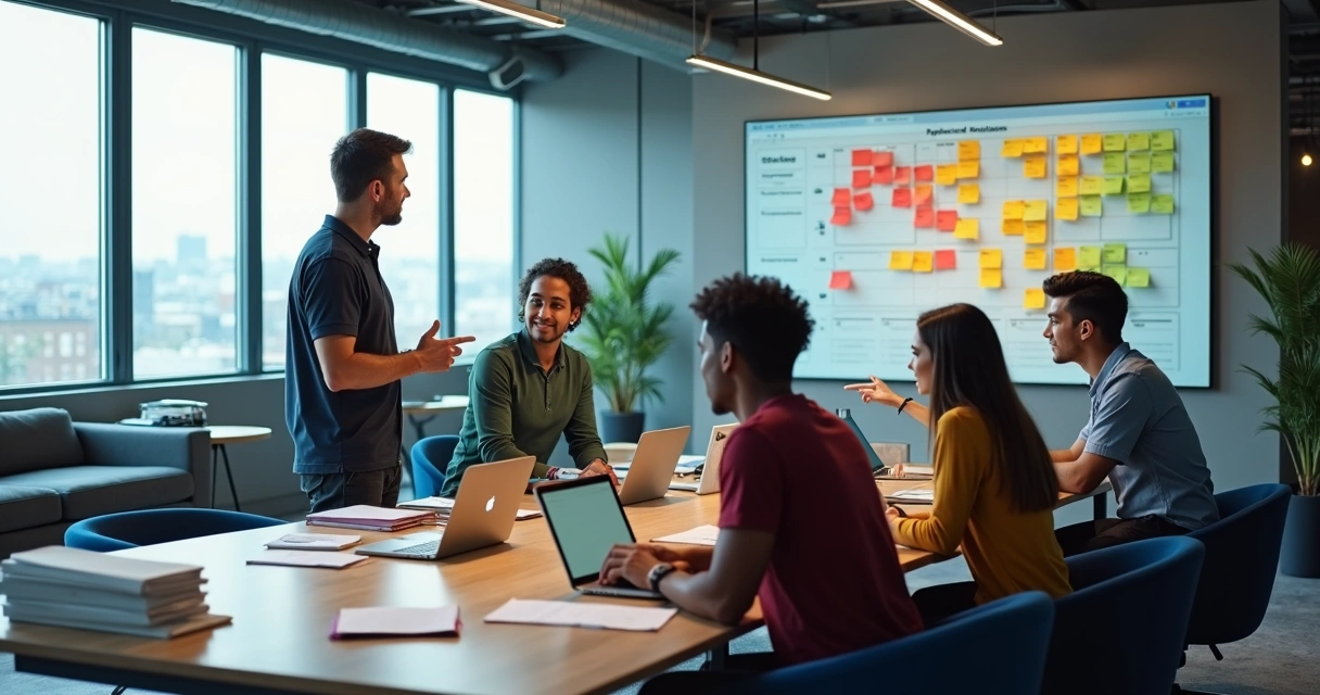 Gestor observando equipe colaborando com autonomia em escritório moderno 