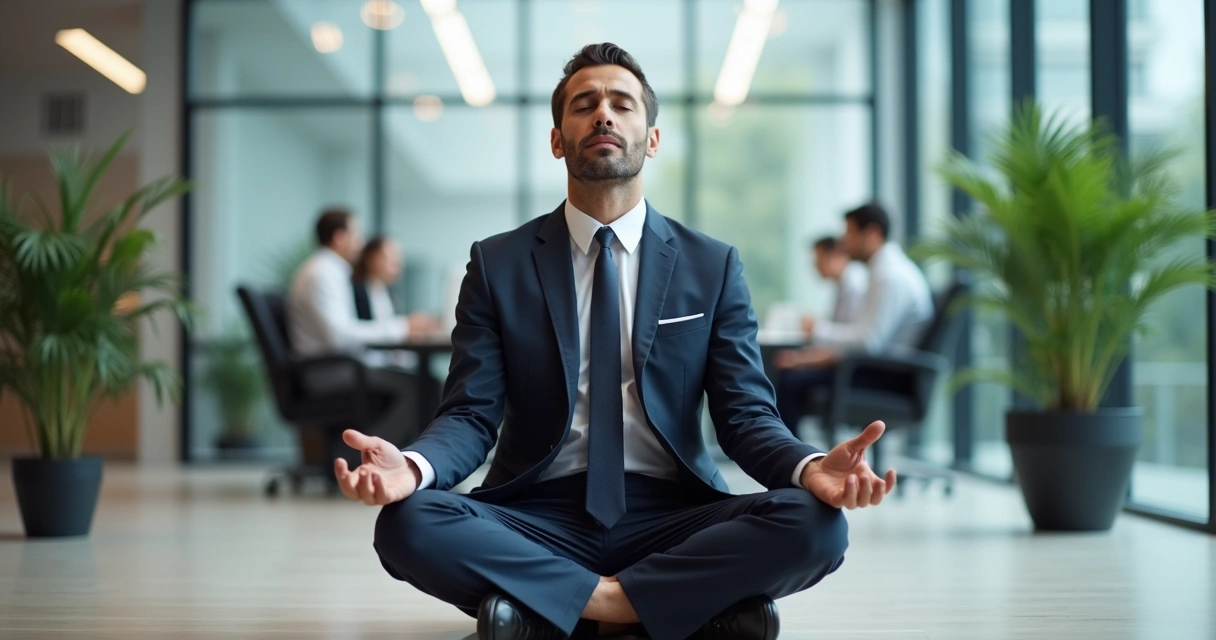 Líder executivo sentado em meditação em escritório moderno 