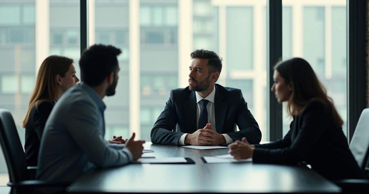 Executivo sentado em uma sala de reunião, olhando pensativo para a mesa durante um momento de reflexão silenciosa 