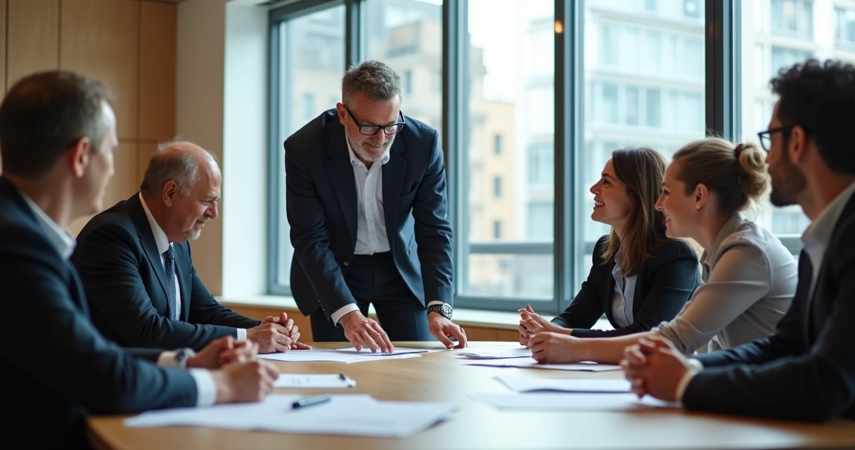 Líder ajudando colega a organizar materiais em sala de reunião. 