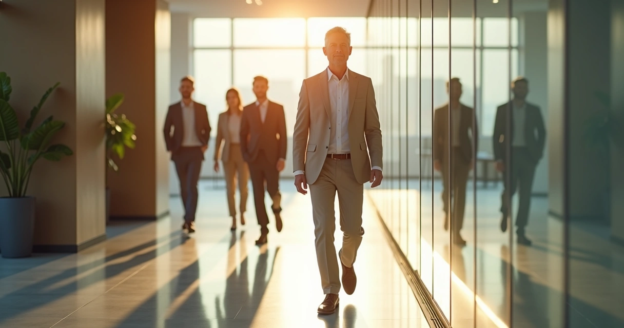 Líder caminhando à frente refletido em painel de vidro com equipe acompanhando atrás 