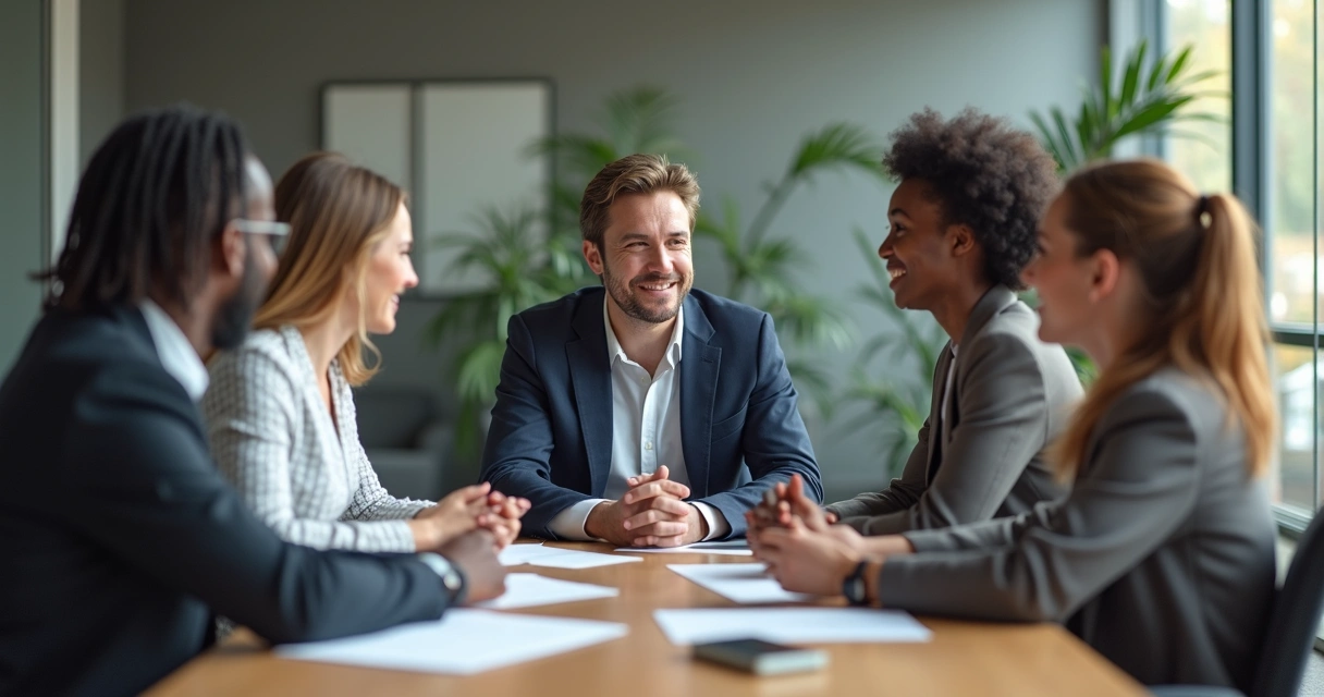 Líder sentado à mesa observando reunião de equipe engajada 