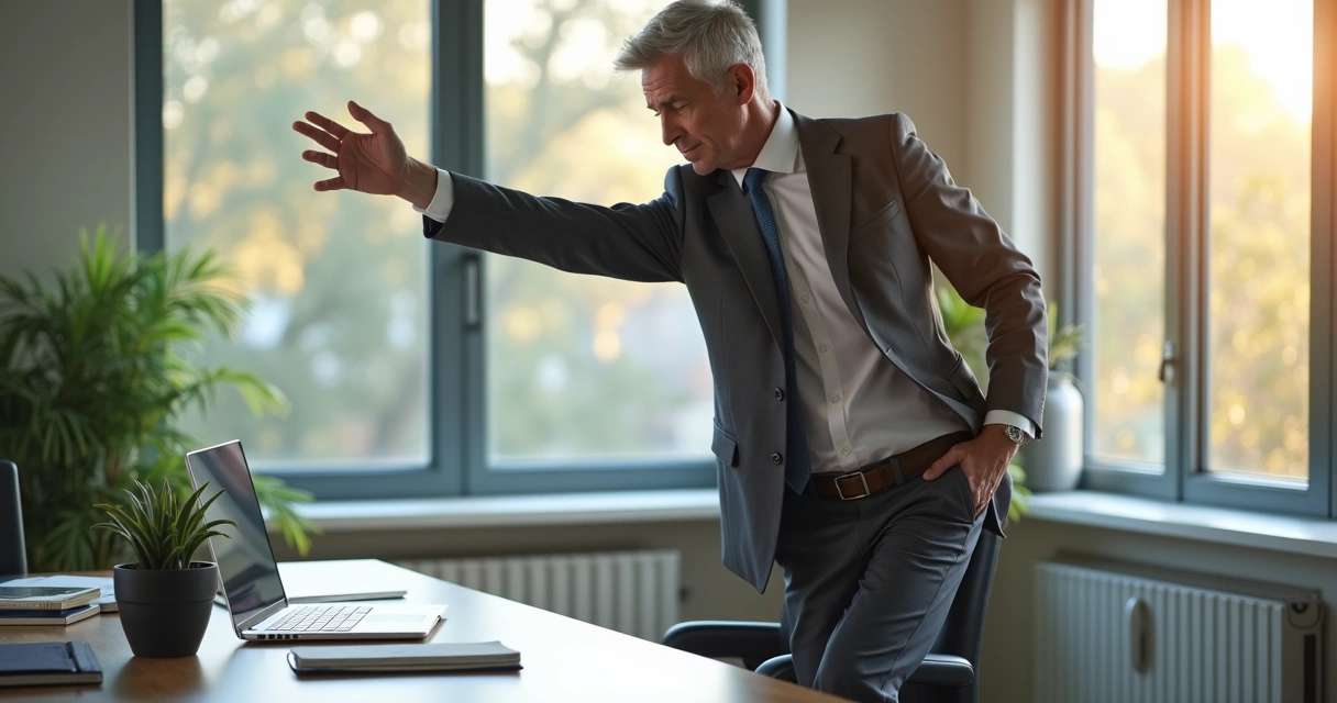 Líder fazendo breve alongamento ao lado da mesa de trabalho 