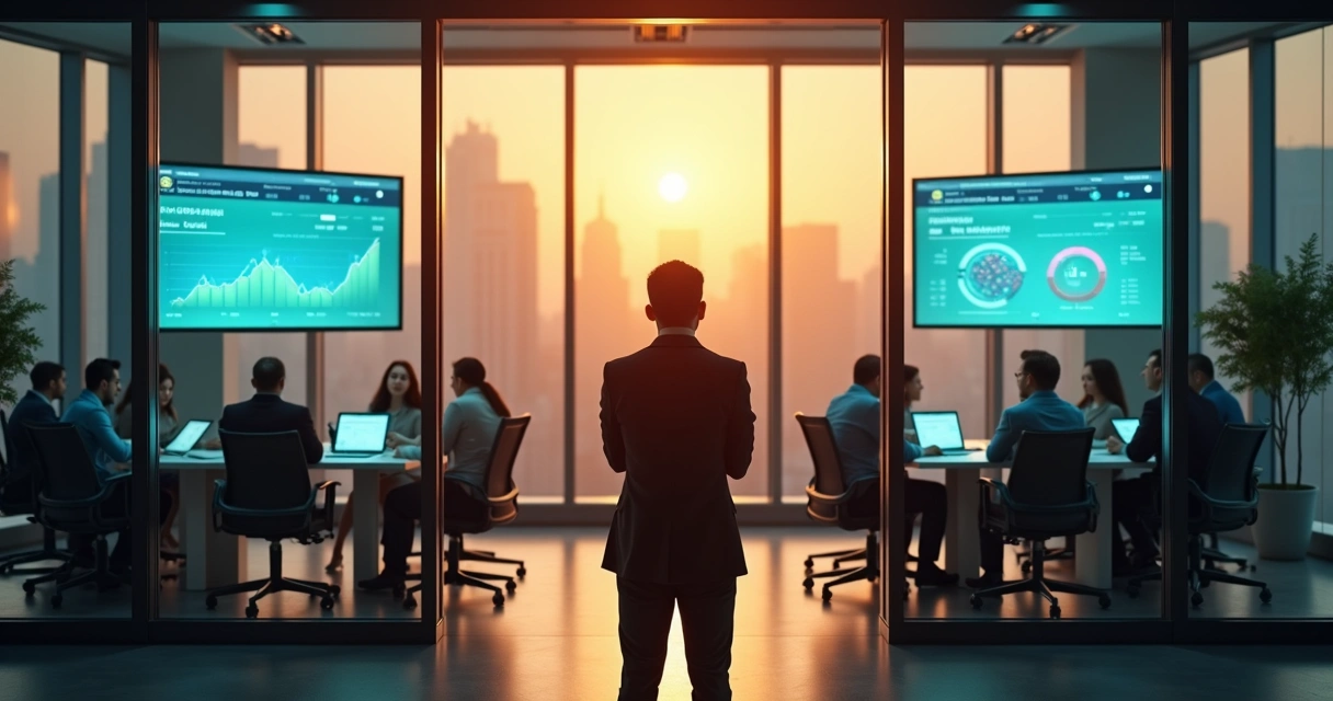 Líder de negocios pensativo observando su equipo dividido entre éxito financiero y bienestar humano 