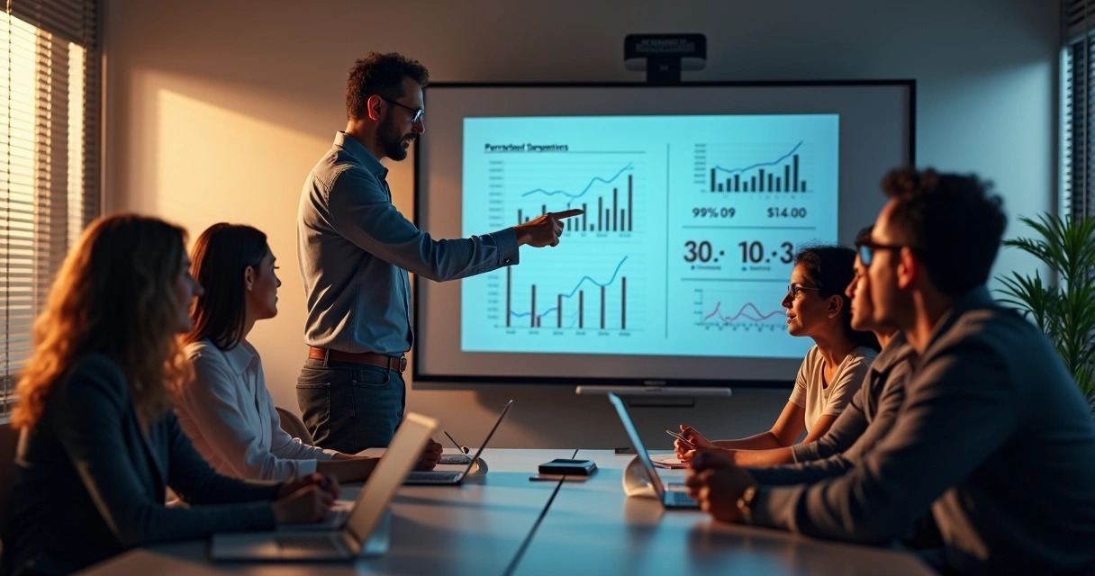 Líder explicando meta de vendas para equipe de PME 
