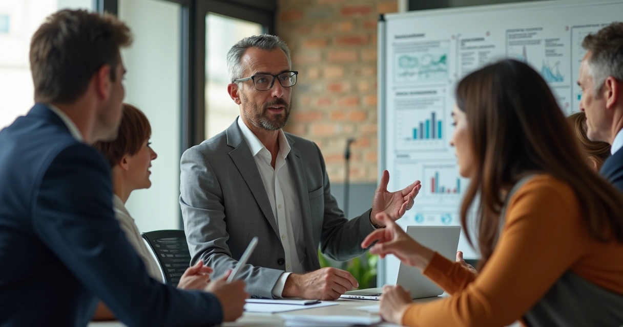 Líder facilitando conversación grupal en oficina 