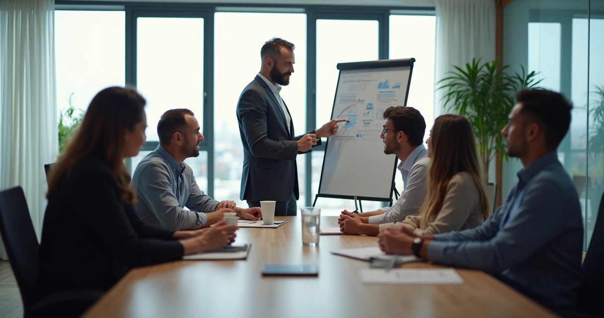 Líder facilitando reunião, equipe atenta em mesa de escritório moderna 