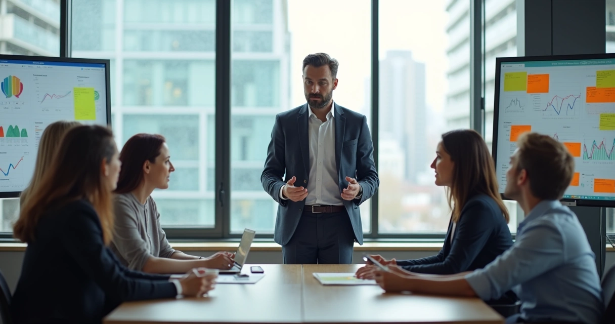 Líder falando para equipe reunida 