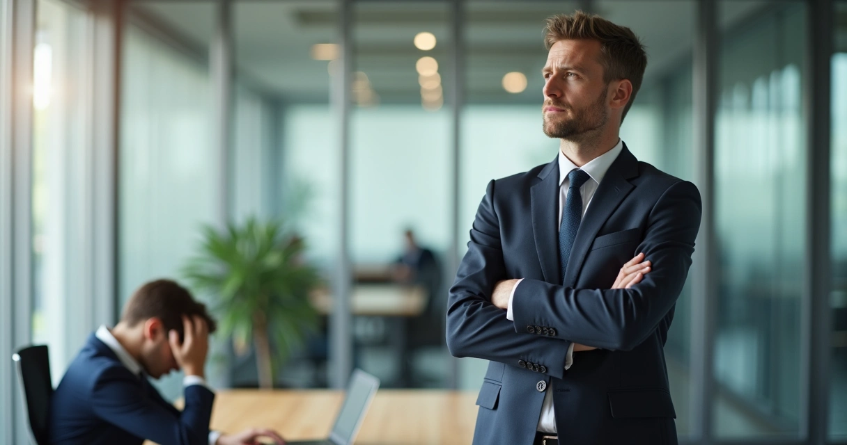 Líder sério ignorando colaborador abatido no ambiente de escritório. 
