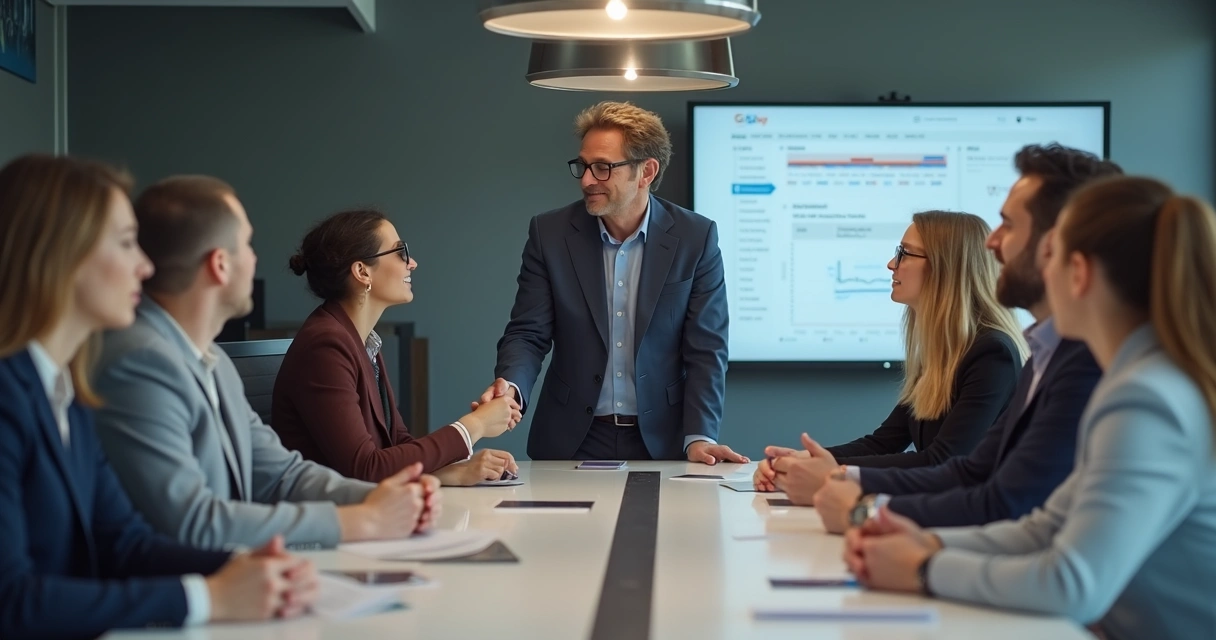 Gestor de terno em sala de reunião dá atenção a um colaborador enquanto outros são ignorados 