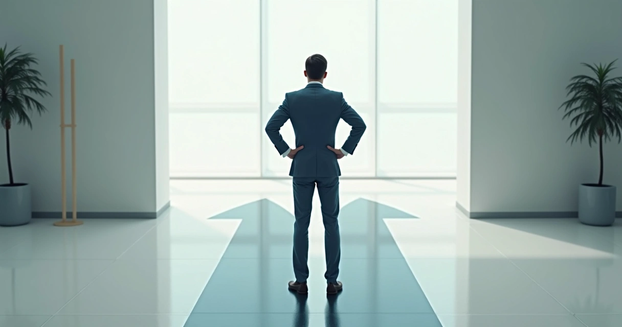 Pessoa refletindo diante de duas opções representadas por setas em sentidos opostos