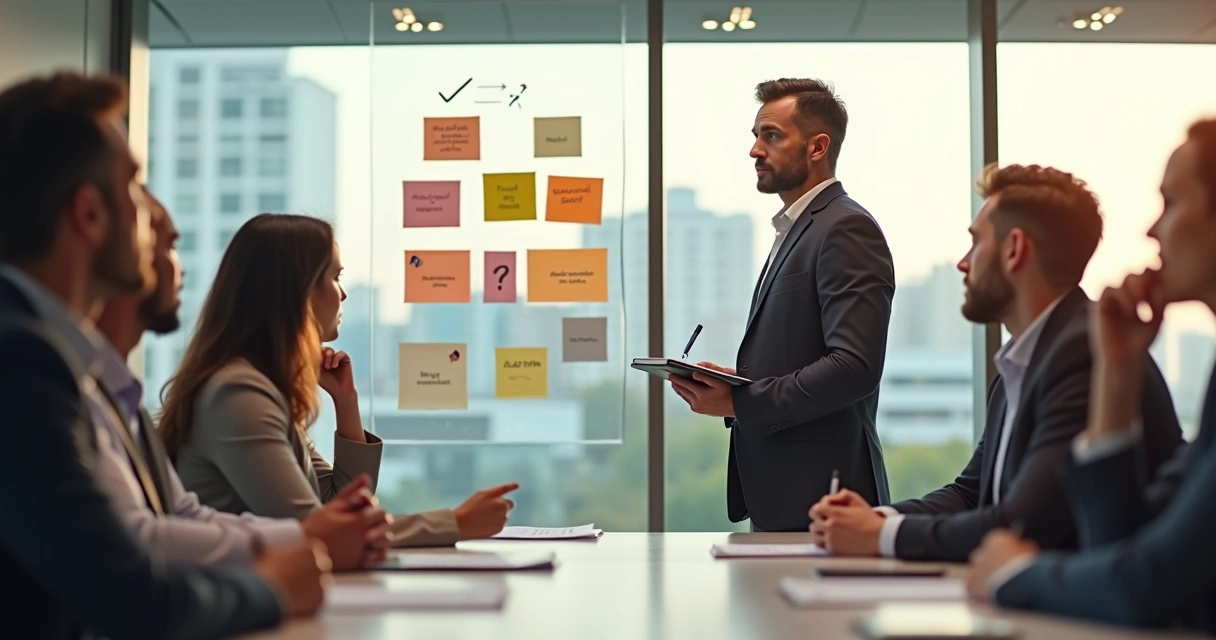 Líder em reunião refletindo com equipe sobre valores e prioridades 