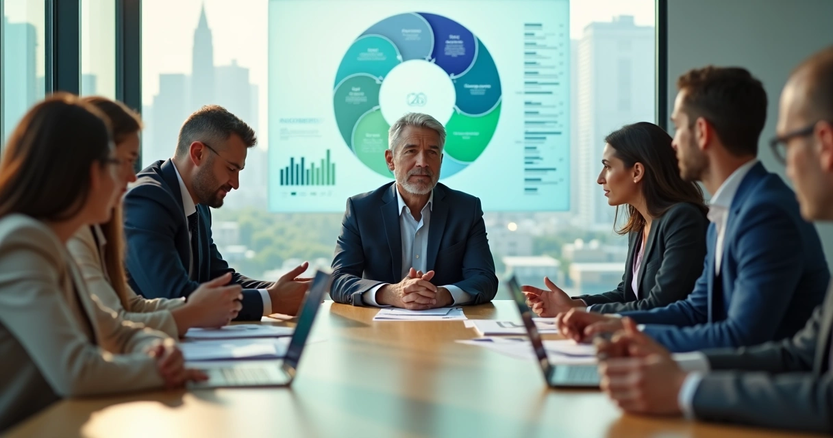 Líder recebendo feedback 360 em reunião com equipe em sala moderna 