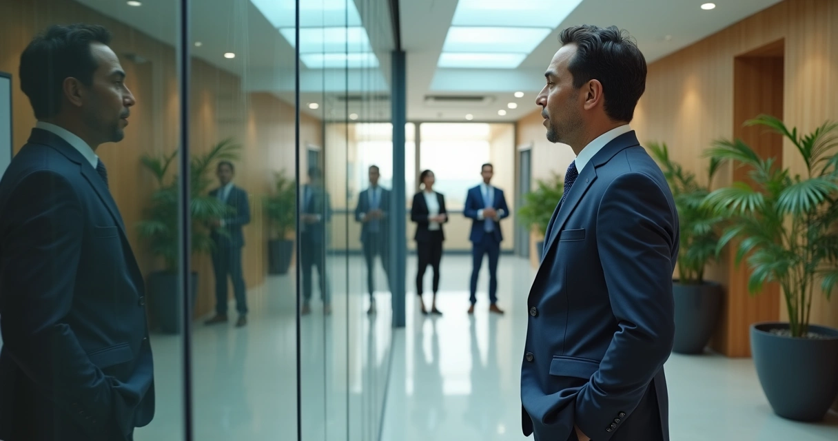 Líder em frente a espelho múltiplo com reflexos da equipe ao fundo 