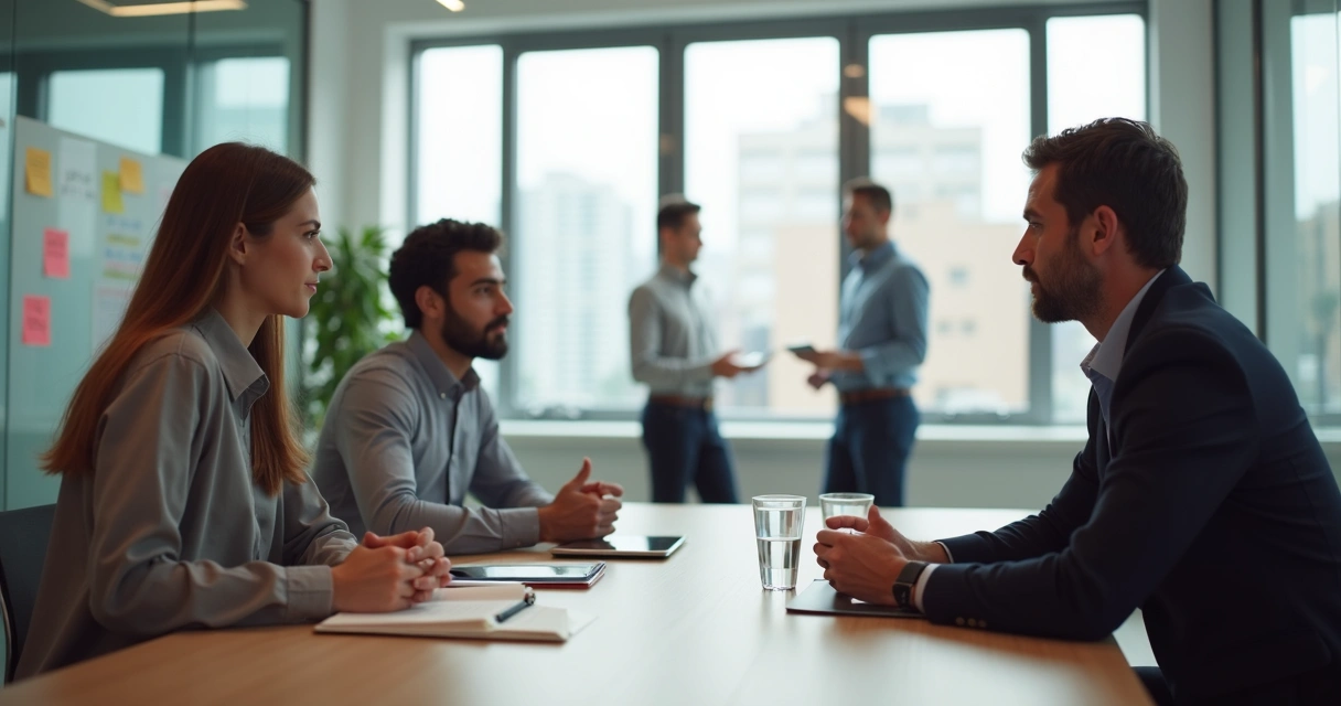 Líder escutando colaboradora em reunião de feedback construtivo em escritório moderno 