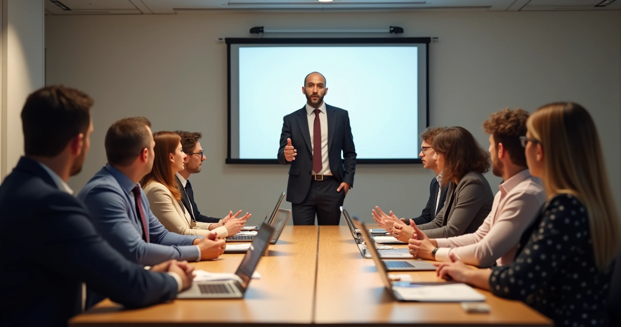 Líder dando feedback para equipe sentada em sala de reunião 