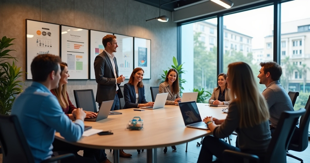 Líder faz feedback para equipe ao redor de mesa oval