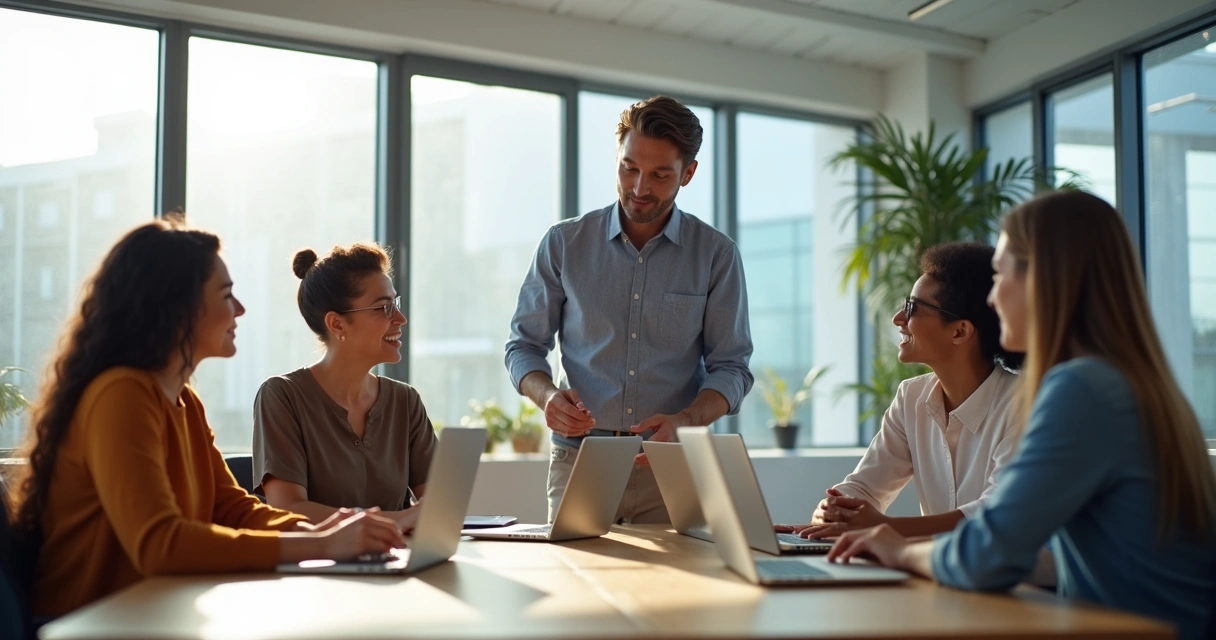 Líder dando feedback para equipe em sala de reunião 