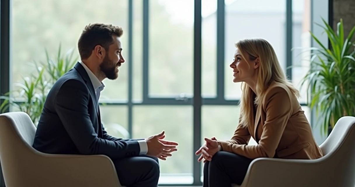 Líder escutando feedback emocional de colega em escritório, clima calmo e acolhedor 