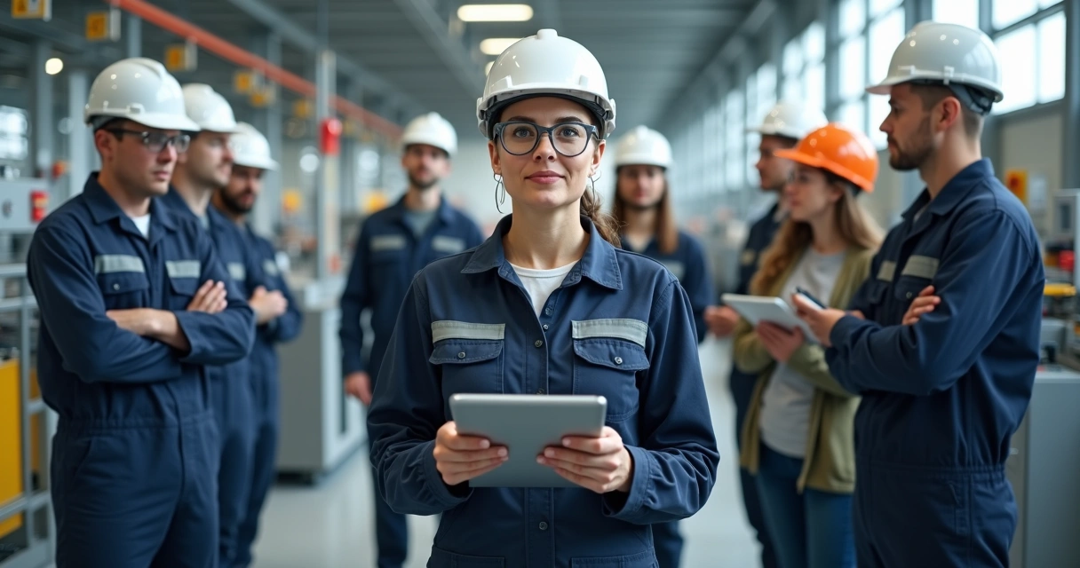Engenheira lidera reunião de segurança em ambiente industrial moderno 