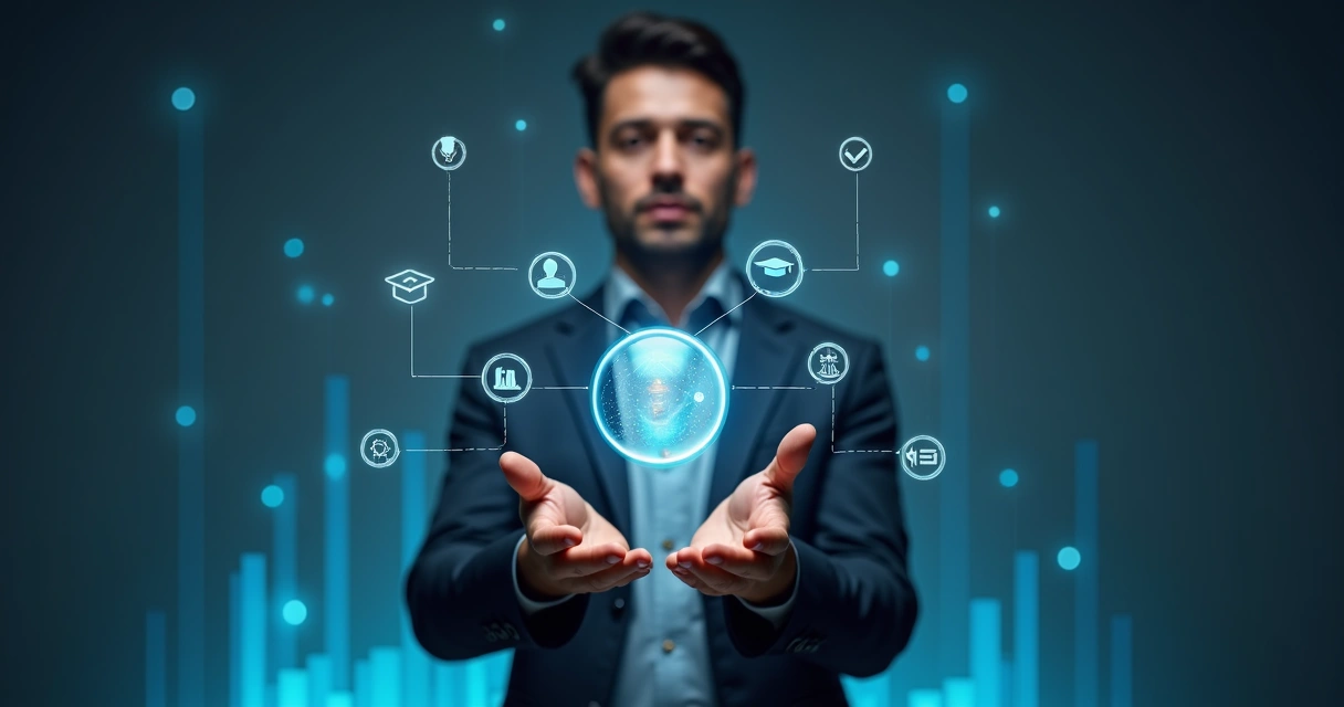 Líder segurando holograma com ícones de ferramentas digitais de carreira e aprendizado 