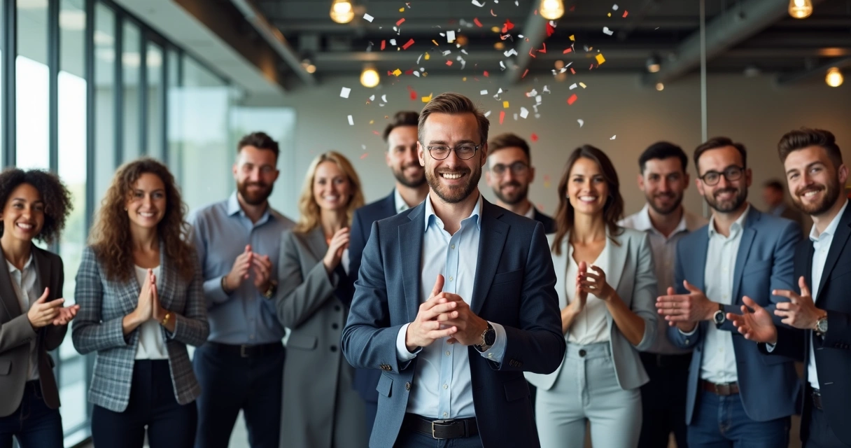 Equipe comemorando conquista com líder ao centro aplaudindo resultado 