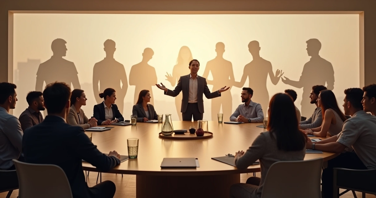 Líder em mesa redonda com equipe observado por silhuetas refletores na parede 