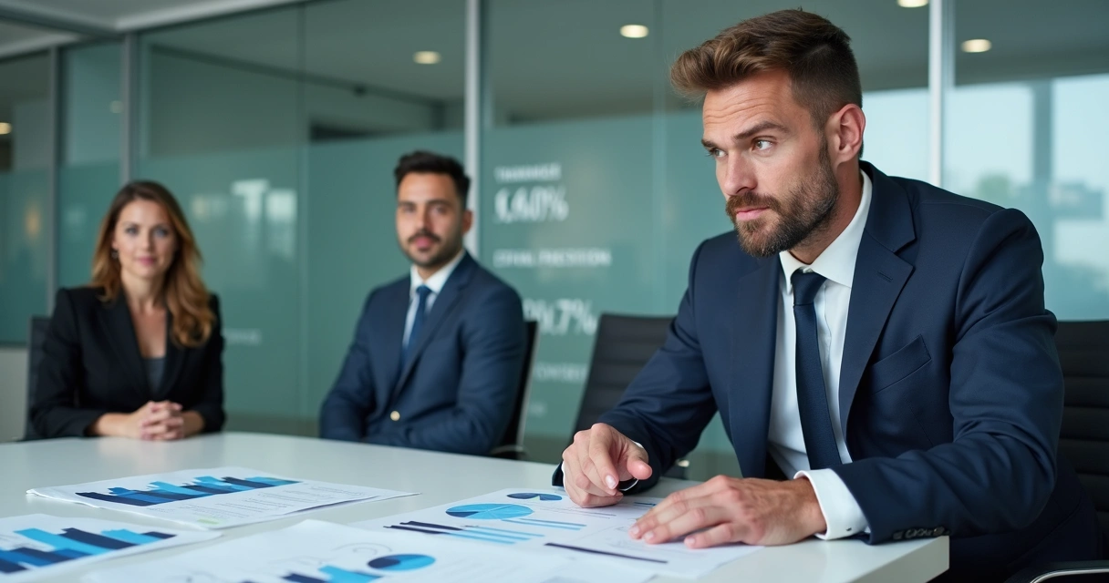 Executivo pensativo diante de gráficos e documentos em sala de reuniões 