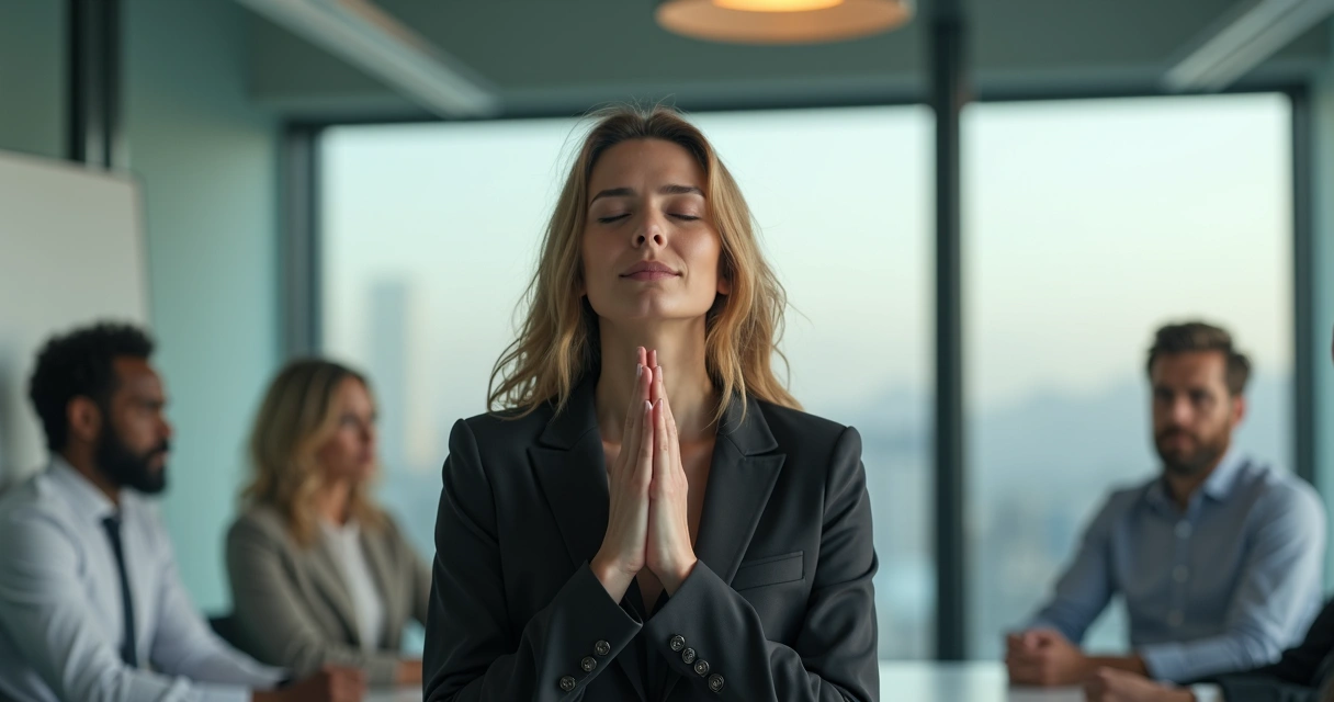Mulher líder respirando fundo em sala de reuniões. 
