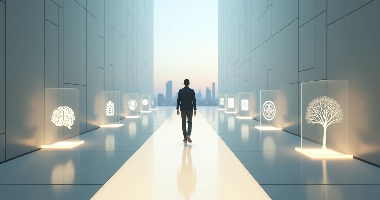 Líder caminhando em plataforma luminosa com sete símbolos de competências ao redor 