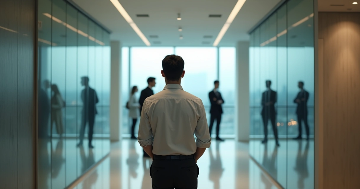 Líder observa reflexos fragmentados em grande espelho corporativo 