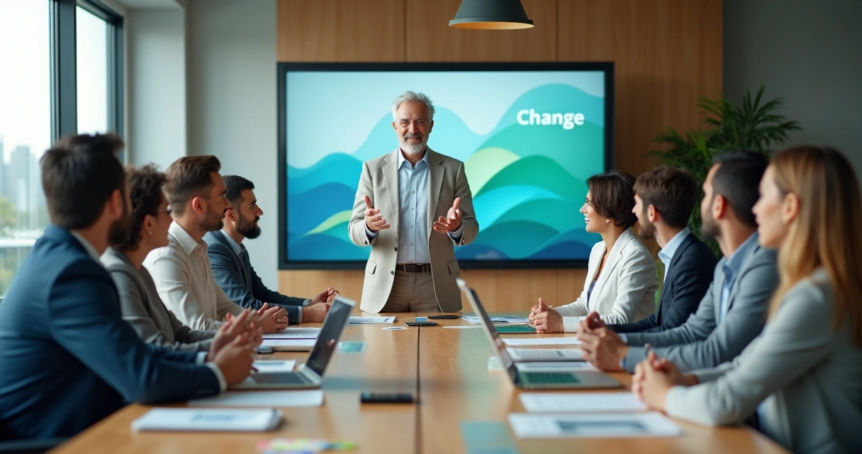 Líder em reunião guiando equipe ansiosa durante mudança organizacional 
