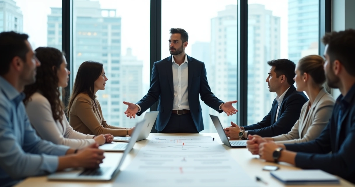 Líder mediando discussão entre dois grupos de equipe em sala de reunião moderna 