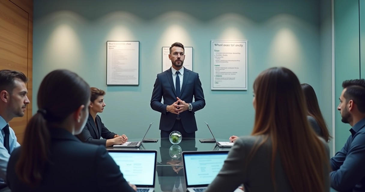 Líder conversando com equipe em ambiente corporativo