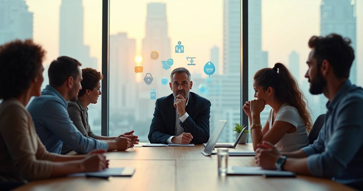 Líder em reunião com equipe refletindo sobre gestão emocional 