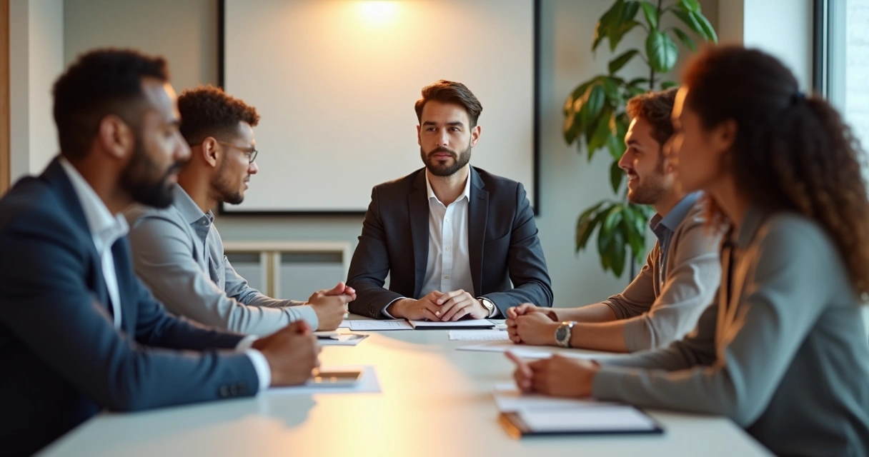 Líder em reunião guiando equipe em momento de reflexão 