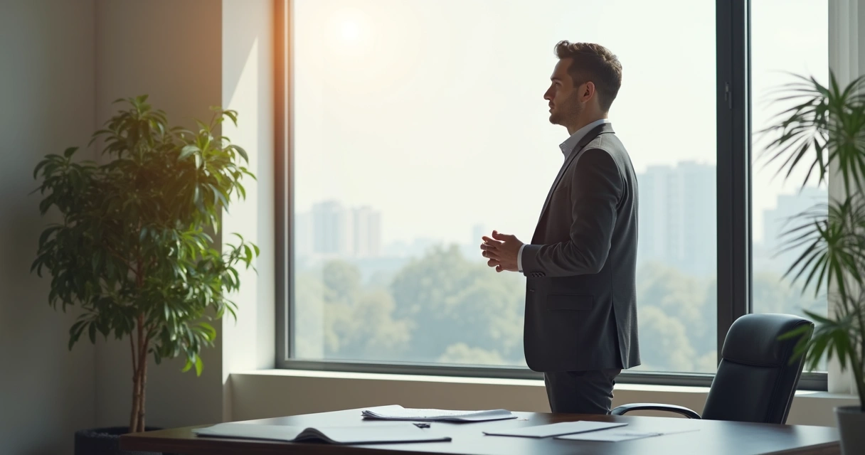 Líder reflexionando frente a una ventana en una oficina tranquila