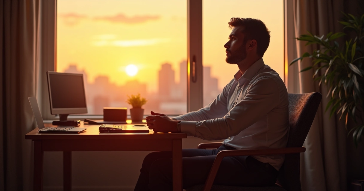 Líder reflexionando en su oficina al atardecer, luz suave entrando por la ventana, expresión serena, ambiente profesional y ordenado